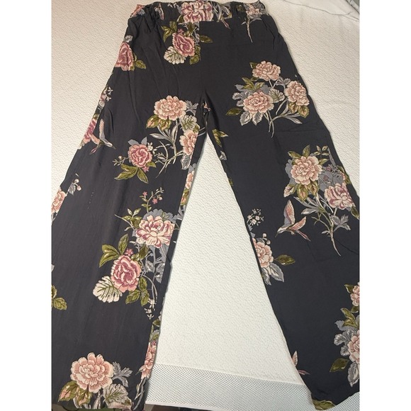 Angie Pants - Angie Floral‎ Wide Leg Pants Women's Medium Black Pink Flowers-Boho